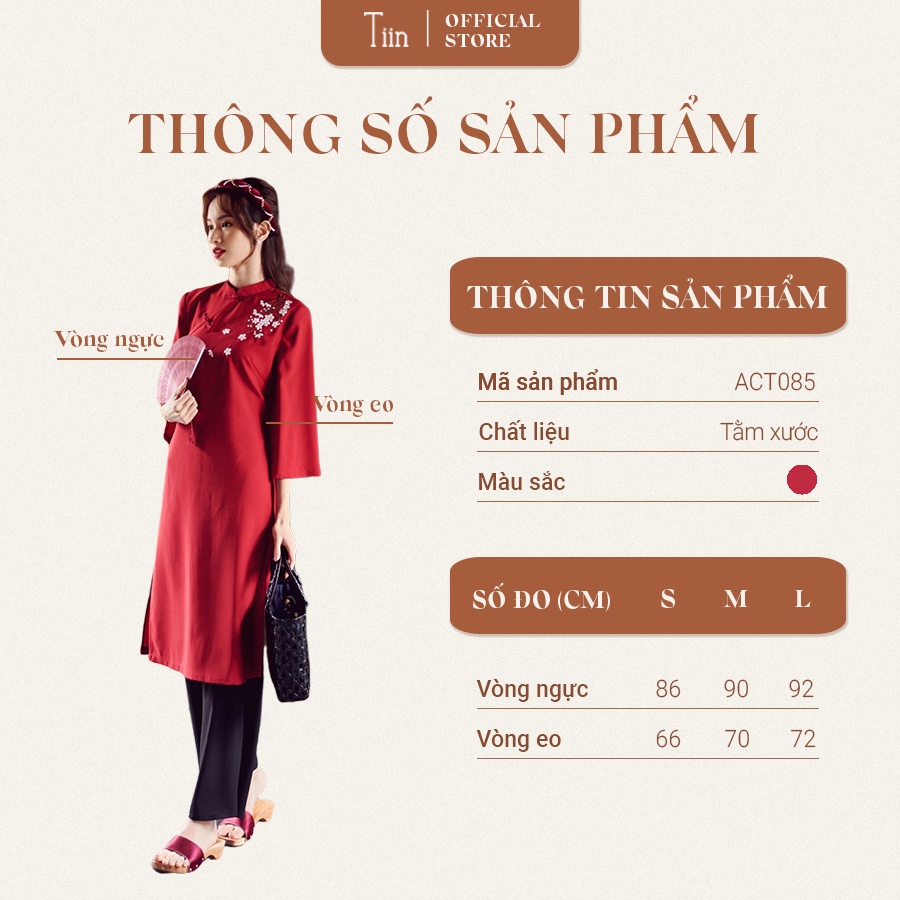 Áo dài cổ tàu đính hò chéo thêu cành đào TIINSTORE ACT085 (Không kèm quần)