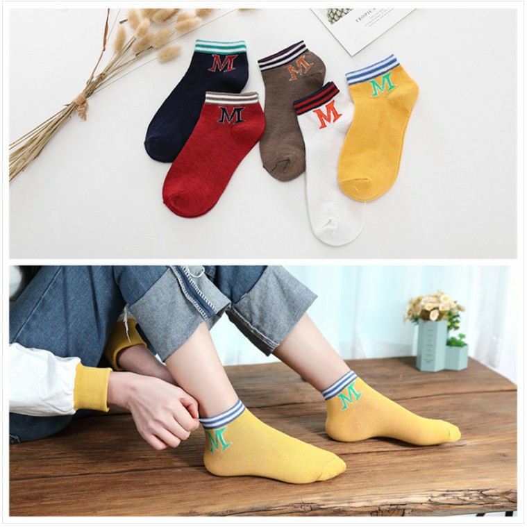 10 đôi Tất nữ cổ ngắn hàn quốc chữ M chất liệu cotton thấm hút mồ hôi