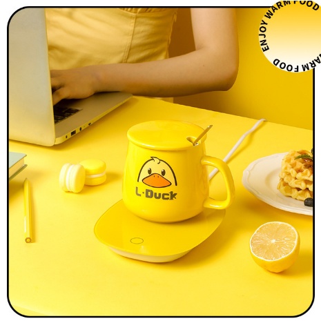 Cốc Hâm Nóng đồ uống Vịt vàng kèm đế điện hâm nóng trà, cafe, hâm sữa + Tặng kèm thìa vàng, hộp sang trọng