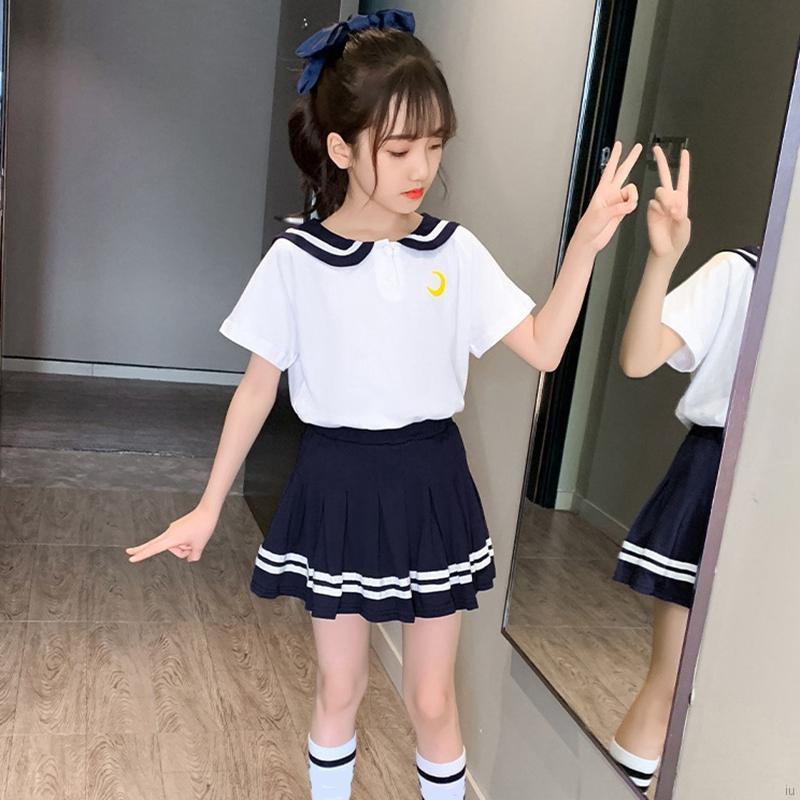 Bộ Áo Ngắn Tay + Chân Váy Kẻ Sọc Đáng Yêu Cho Bé Gái