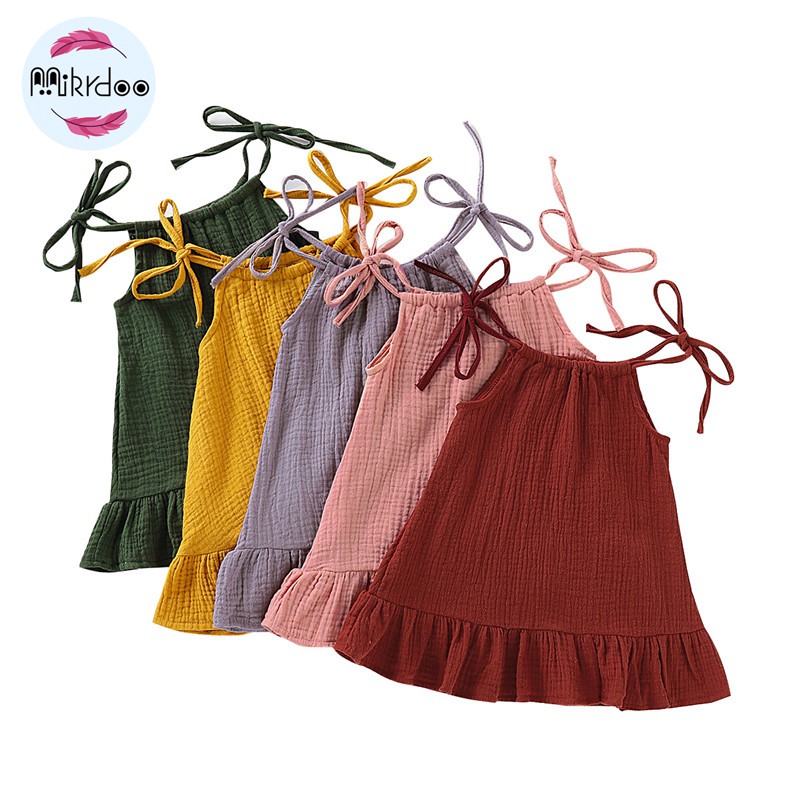 Đầm hai dây MIKRDOO bằng vải lanh cotton màu trơn dễ thương thời trang mùa hè cho bé gái 1-5 tuổi