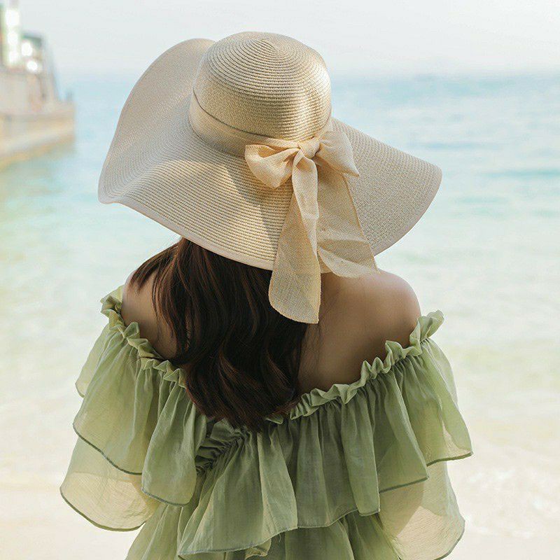 Mũ cói rộng vành nơ vải bố