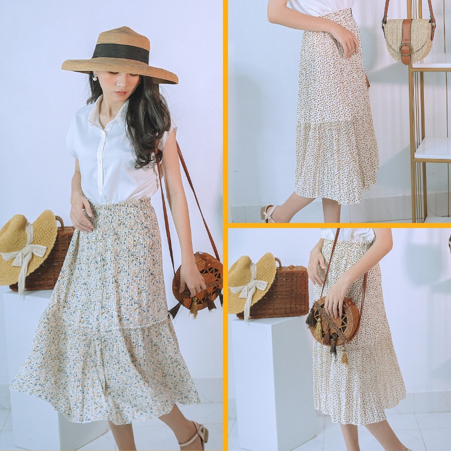 Chân váy hoa nhí dáng dài vintage xếp li 2 tầng nhiều màu hàng cao cấp | BigBuy360 - bigbuy360.vn