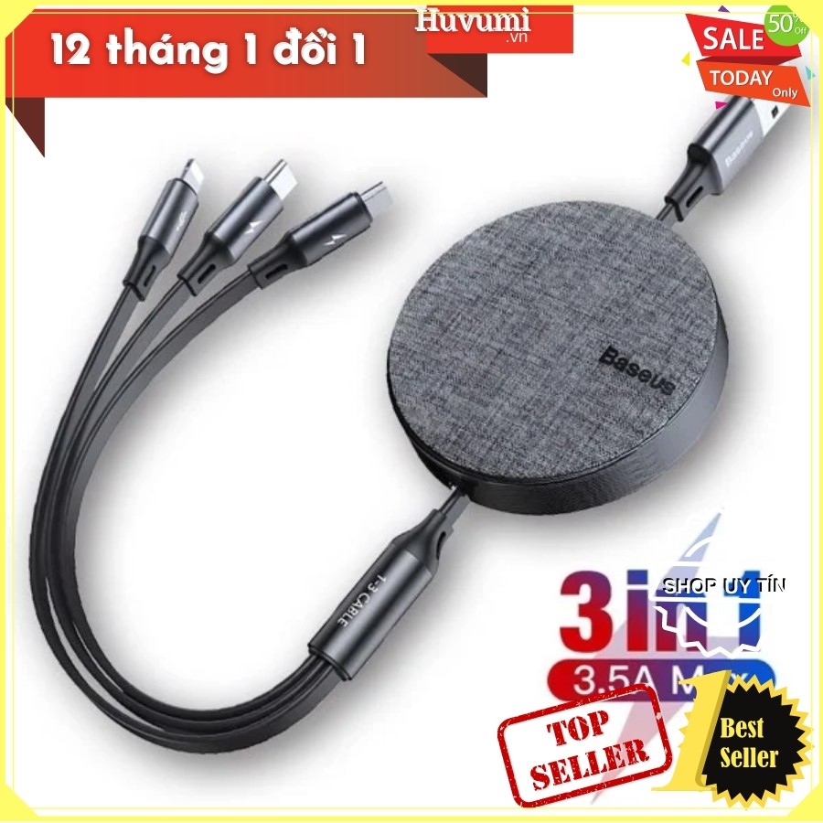 [Chính Hãng-Sẵn]Cáp sạc dây rút Baseus Fabric 3-in-1 Flexible Cable tích hợp 3 đầu LV488-12-New 100%