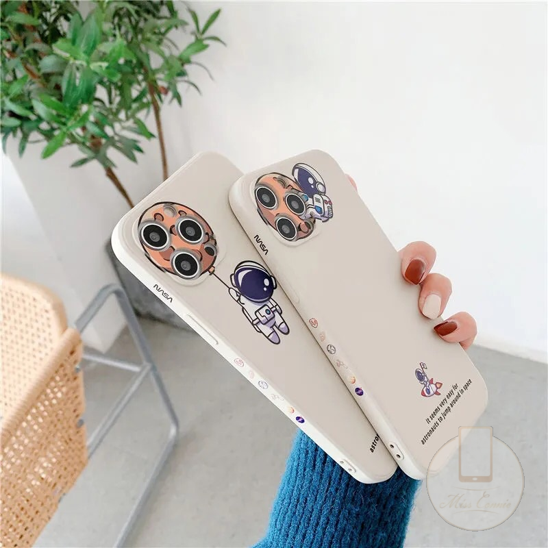Cartoon Aesthetic Side Fashion Astronaut NASA Liquid Full Cover iPhone 12 Pro Max iPhone 7 8 Plus X XR XS Max 11 Pro Max Luxury Square Silicone Soft Phone Camera Protection Casing Cellphone Shell