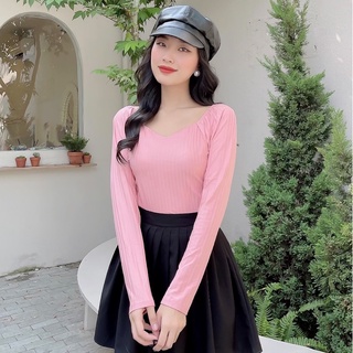 Áo Nữ NHẬT VY Cổ Tim Bo Thun Vai Tay Dài Màu Đen, Nude, Hồng - D2236