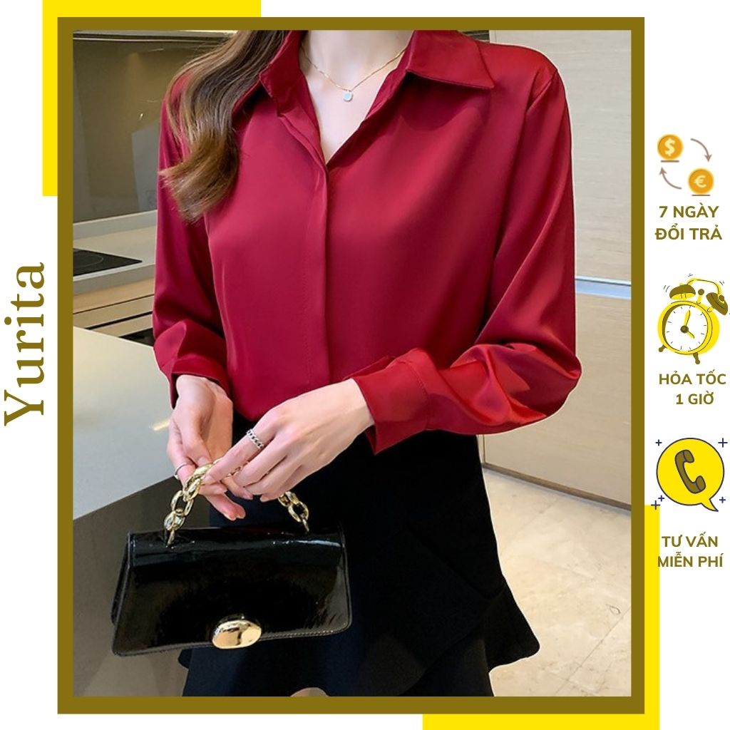 Áo Sơ Mi Nữ Công Sở Màu Đỏ Đô Cổ ĐứcYURITA Kiểu Hàn Quốc Vintage Ulzzang Form Rộng Dài Tay Đẹp Chất Lụa Cao Cấp A2D