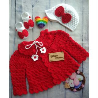 Set áo khoác và nón giày len handmade nơ đỏ xinh xắn