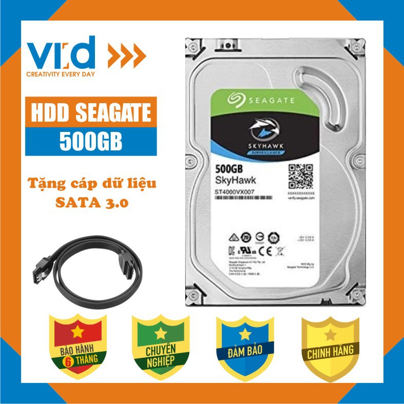 [Mã ELMS05 giảm 5% đơn 300k]Ổ cứng HDD 500GB Seagate skyhawk - Tặng cáp SATA 3.0 - Bảo hành 6 tháng