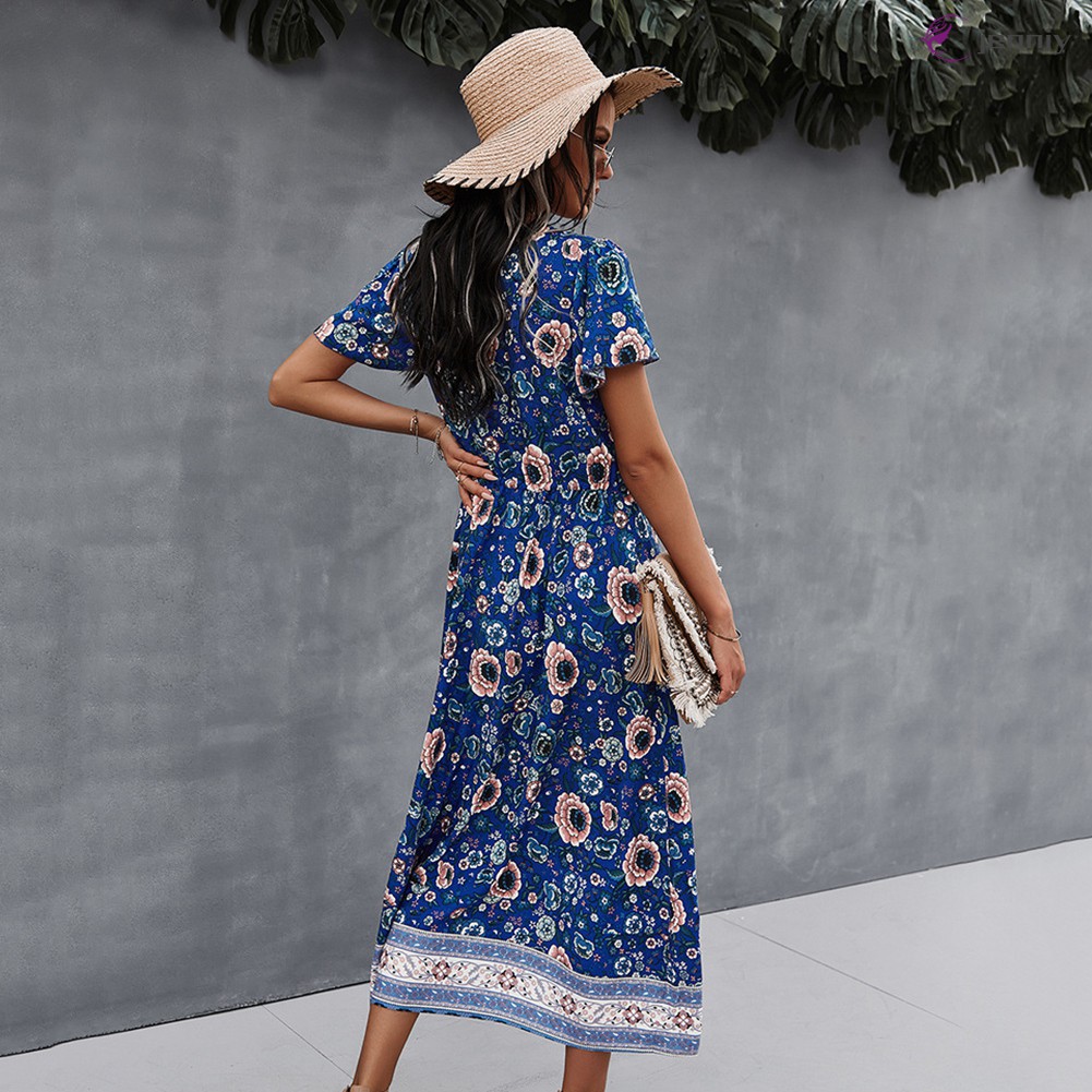 Đầm Dài Tay Ngắn Cổ Chữ V In Họa Tiết Hoa Thời Trang Mùa Hè Cho Nữ | BigBuy360 - bigbuy360.vn