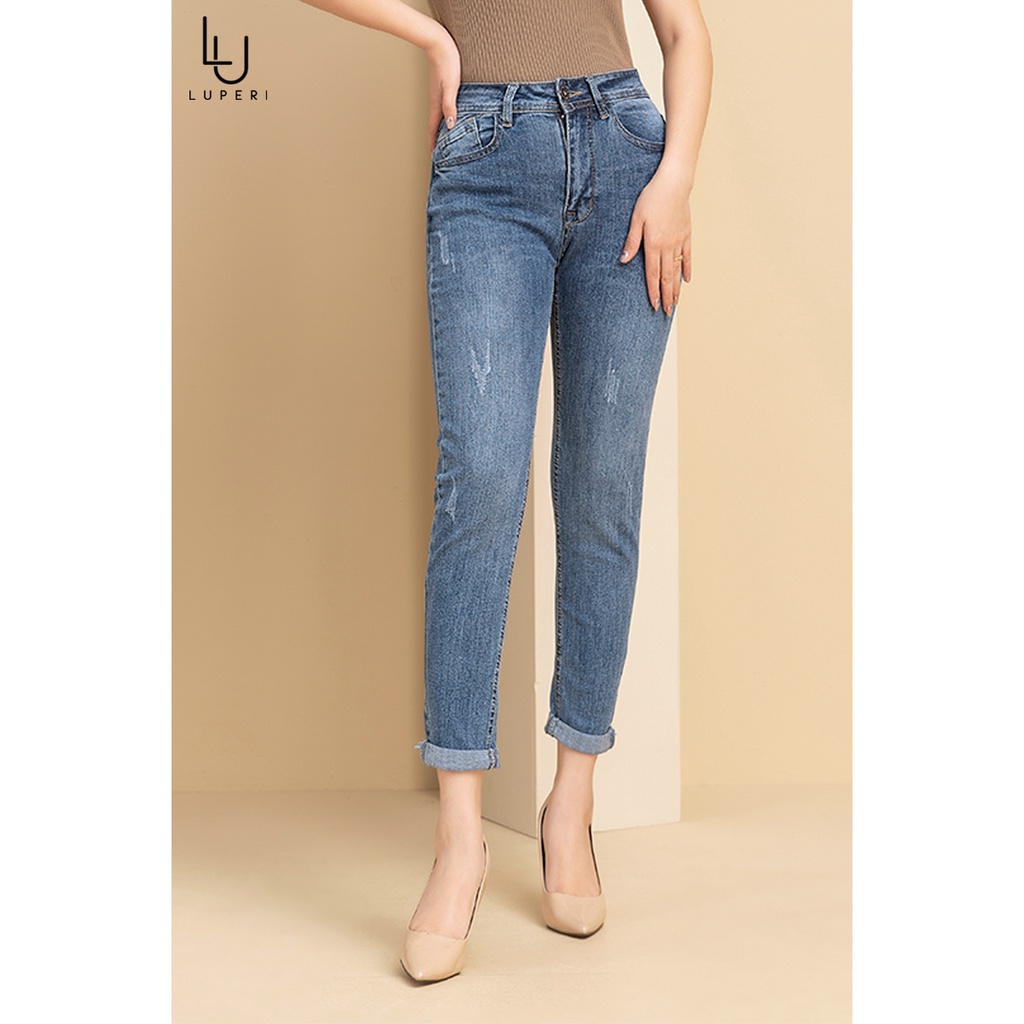 Quần Bò Ống Rộng Lưng Cao LUPERI dáng baggy xước chất liệu dày dặn co giãn tốt nâng mông tôn eo thon chân dài LFQJ164