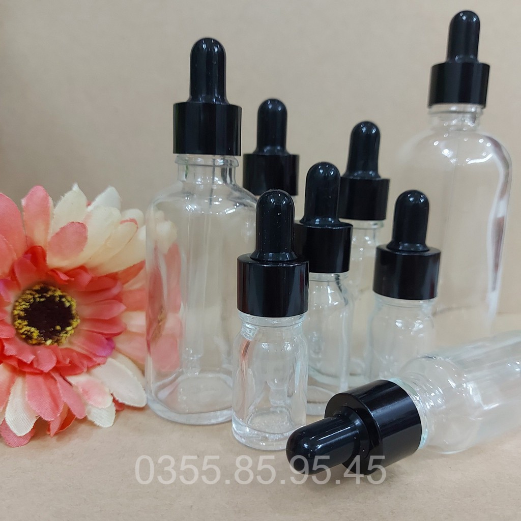 Chai thủy tinh rỗng TRONG nắp bóp ĐEN 5ml / 10ml / 20ml / 30ml / 50ml / 100ml , chai chiết serum mỹ phẩm du lịch