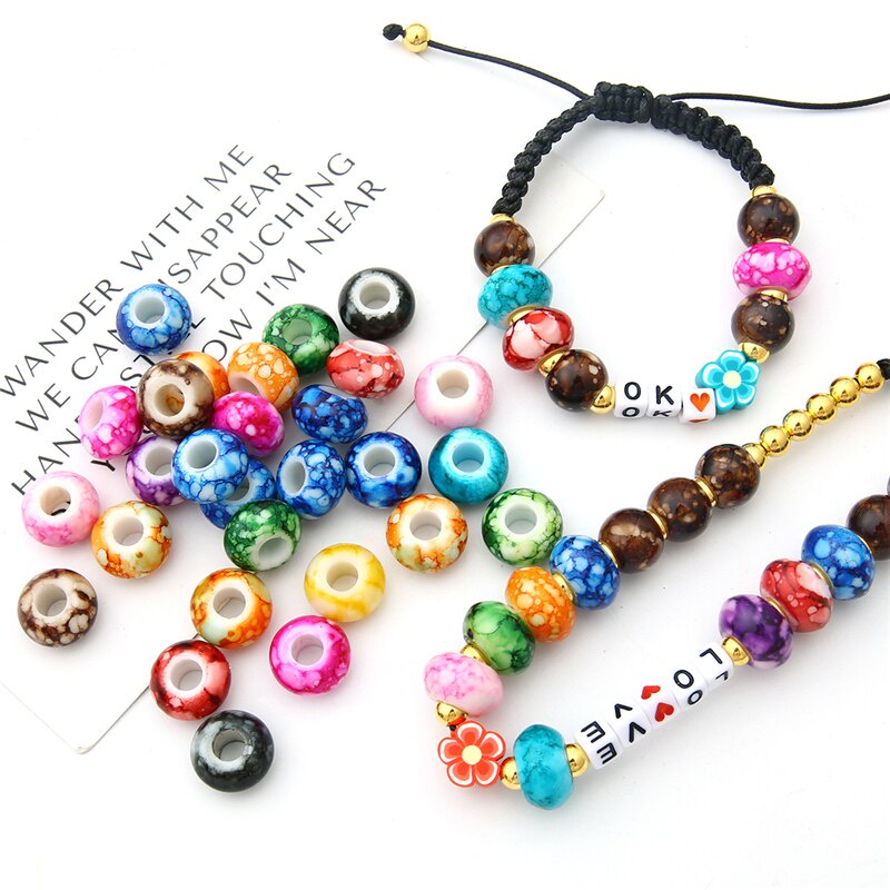 Set 30 hạt acrylic hình tròn lỗ lớn dùng làm trang sức vòng tay thủ công 15x9mm