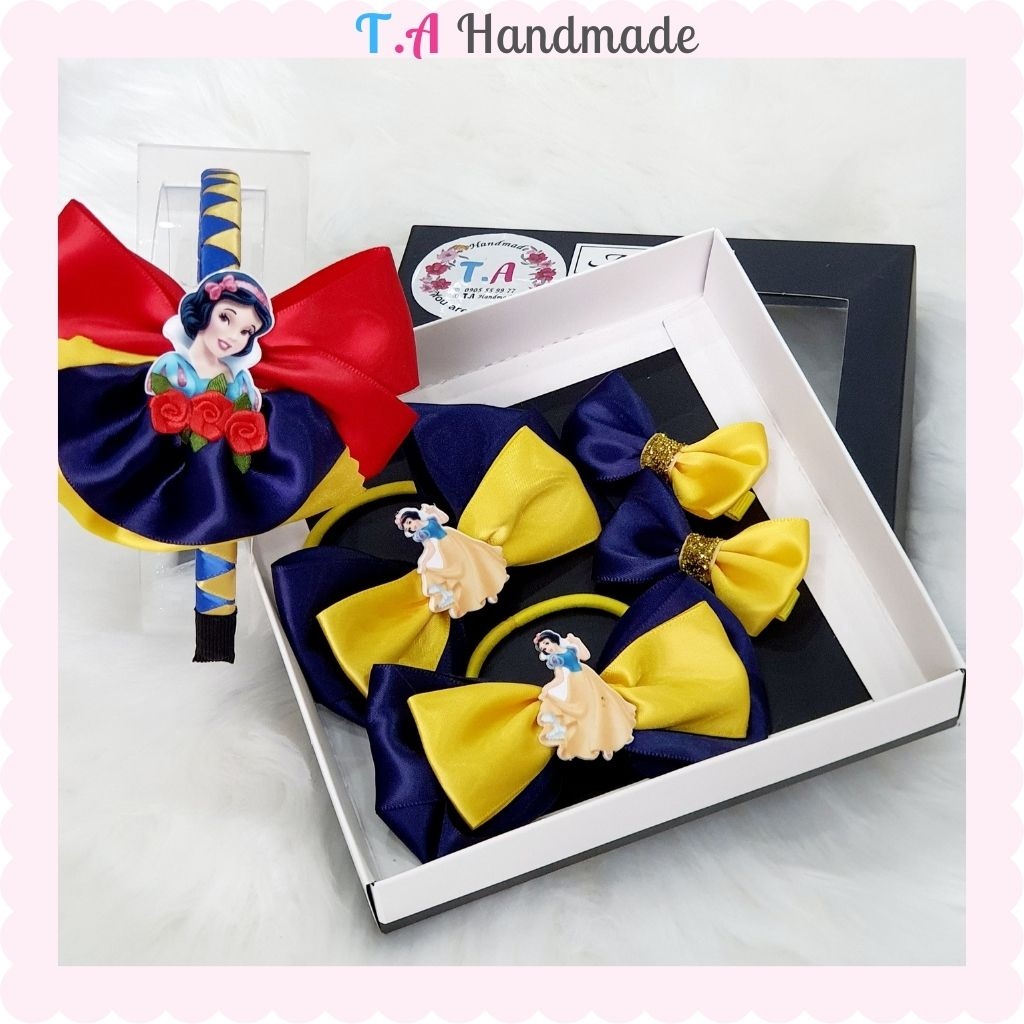 Hộp set cài cột kẹp tóc công chúa Bạch Tuyết handmade 5 chi tiết dành cho bé gái