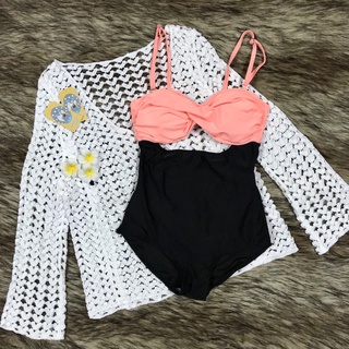 Bikini 1 mảnh hồng đen khoét eo