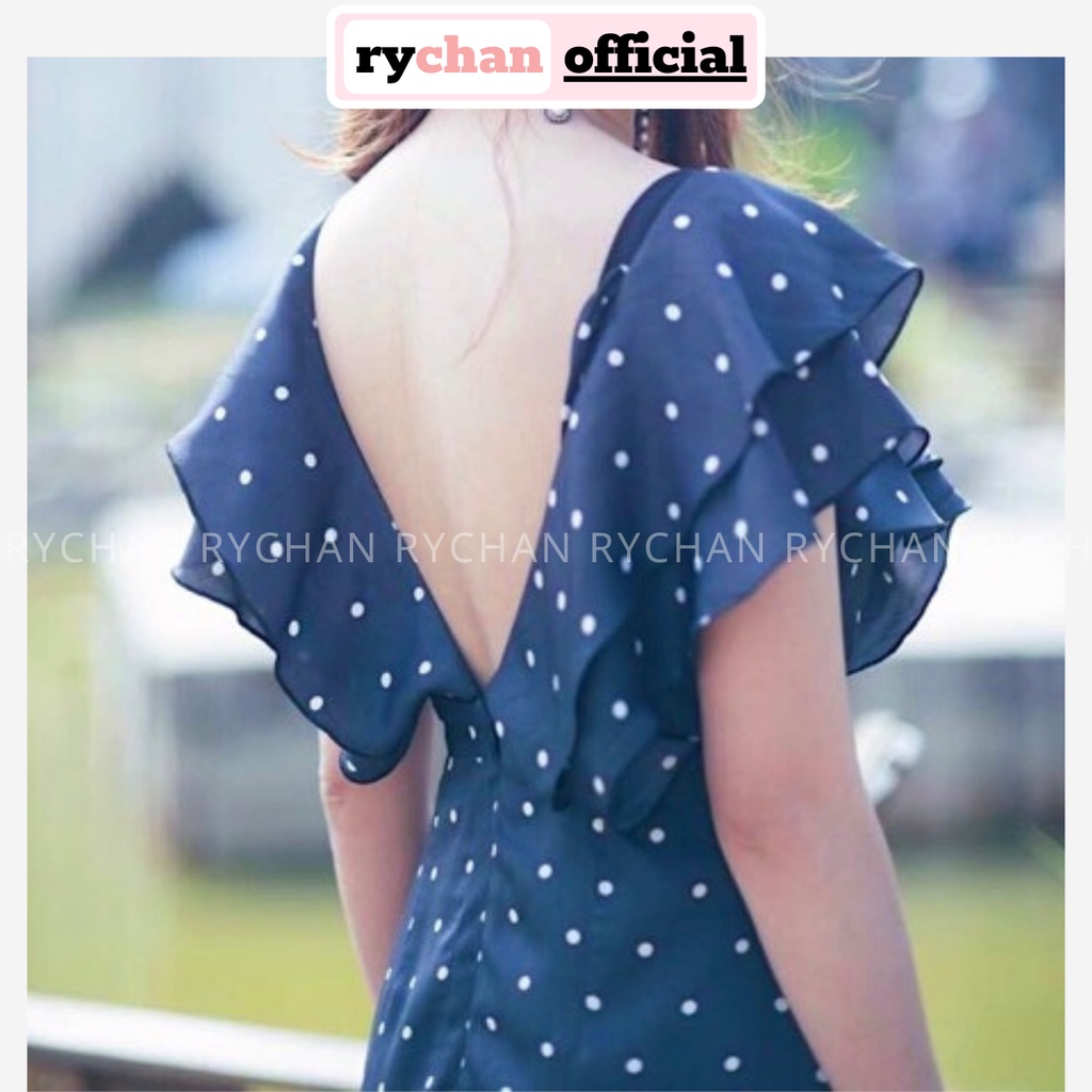 Đầm Váy Nữ Đi Biển Họa Tiết Chấm Bi Form Ngắn Cổ Tim Phối Bèo, Đầm Nữ Bo Eo Màu Xanh - DX9853