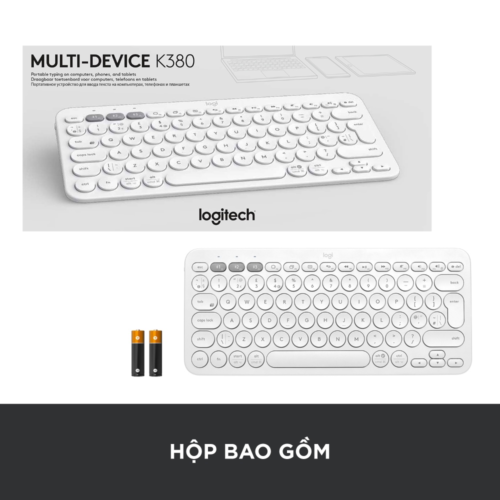 Bàn phím không dây Bluetooth Logitech K380 - giảm ồn, gọn nhẹ, đa thiết bị, Mac/ PC