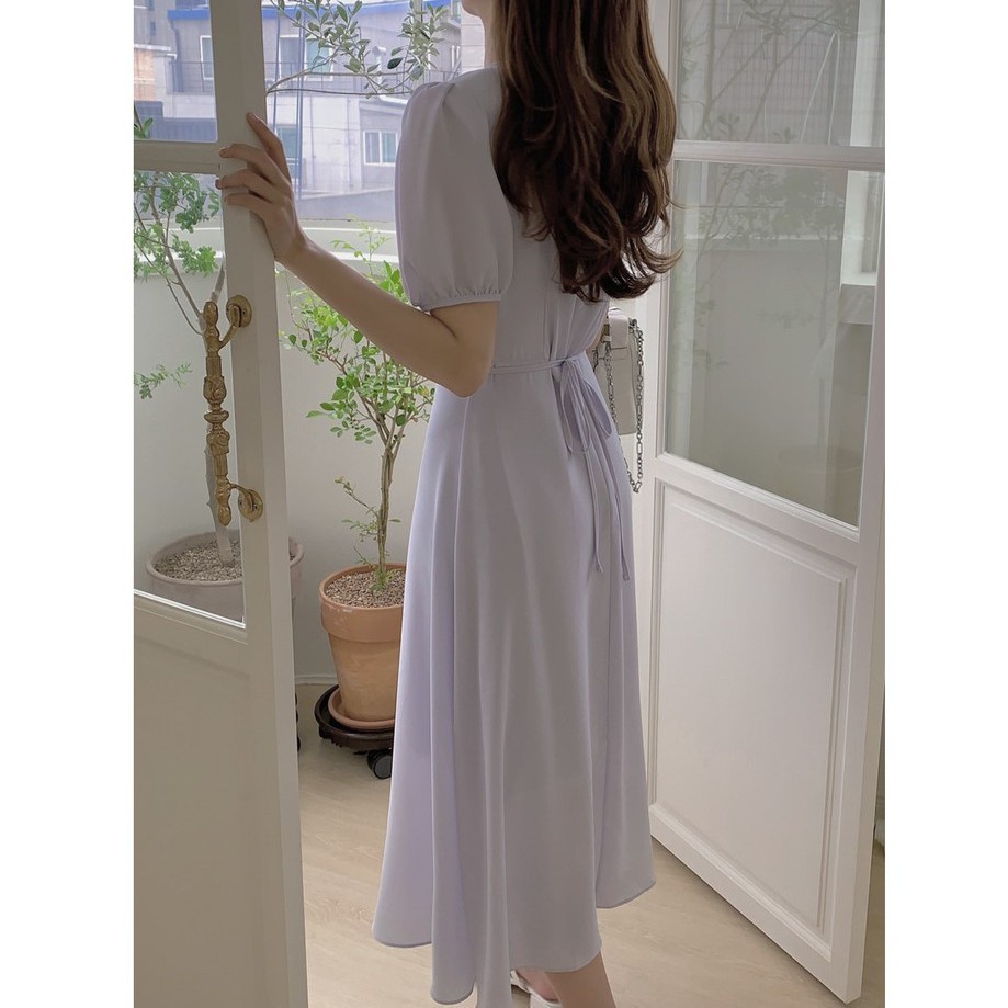 Đầm voan tay ngắn cổ chữ V xếp ly màu sắc đơn giản phong cách Hàn Quốc 44012