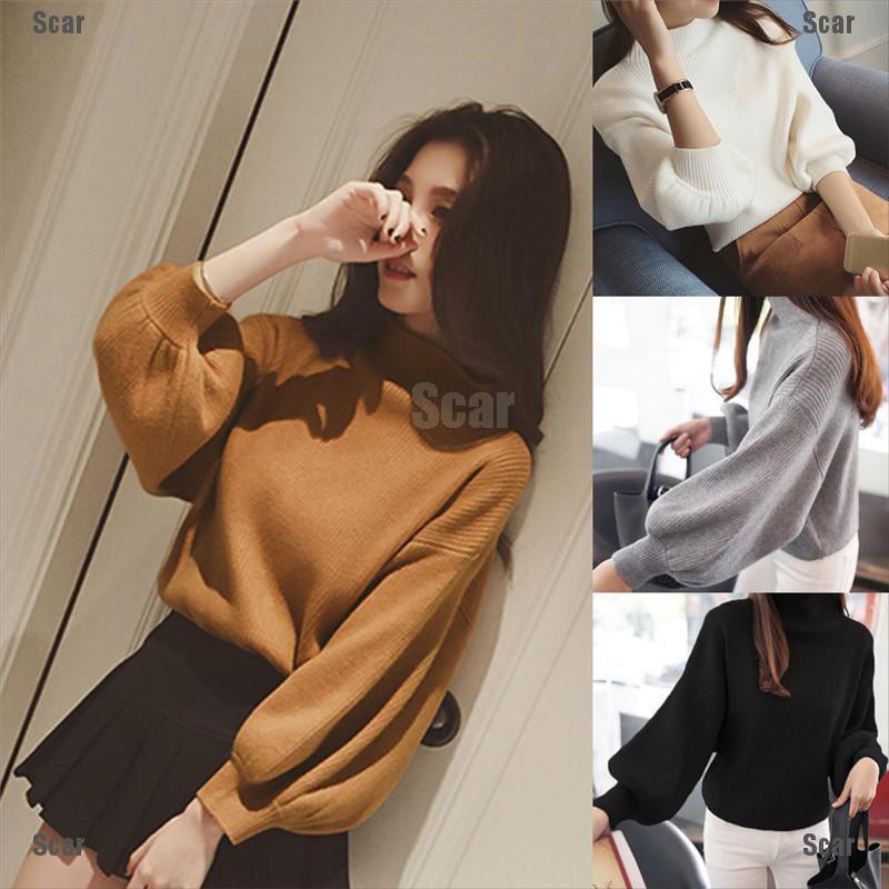 Áo sweater dệt kim dáng rộng chui đầu cổ lọ tay cánh dơi dễ thương cho nữ