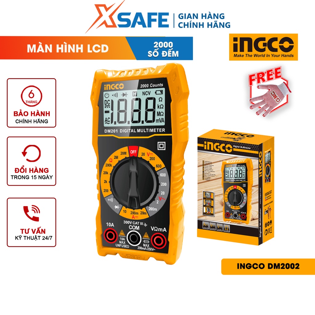 Đồng hồ đo điện vạn năng INGCO DM2002 2000 số đếm, màn hình LCD
