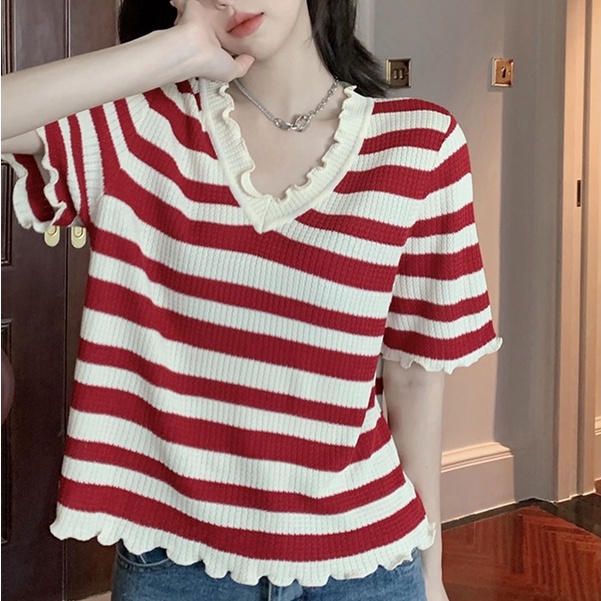 Áo Len Dệt Kim Mỏng Ngắn Tay Cổ Chữ V Viền Sọc Thời Trang Mùa Hè Mới Cho Nữ