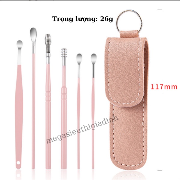 Bộ Dụng Cụ Lấy Ráy Tai 6 Món Inox Cao Cấp. Set Ngoáy Tai Đựng Bao Da, Móc Khóa Ngỏ Gọn