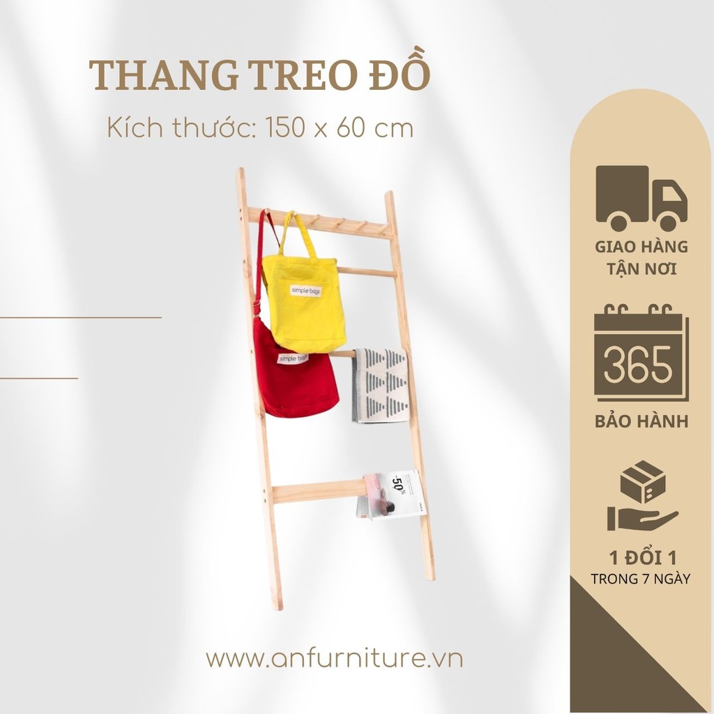 Thang gỗ tự nhiên decor kết hợp treo đồ xinh xắn