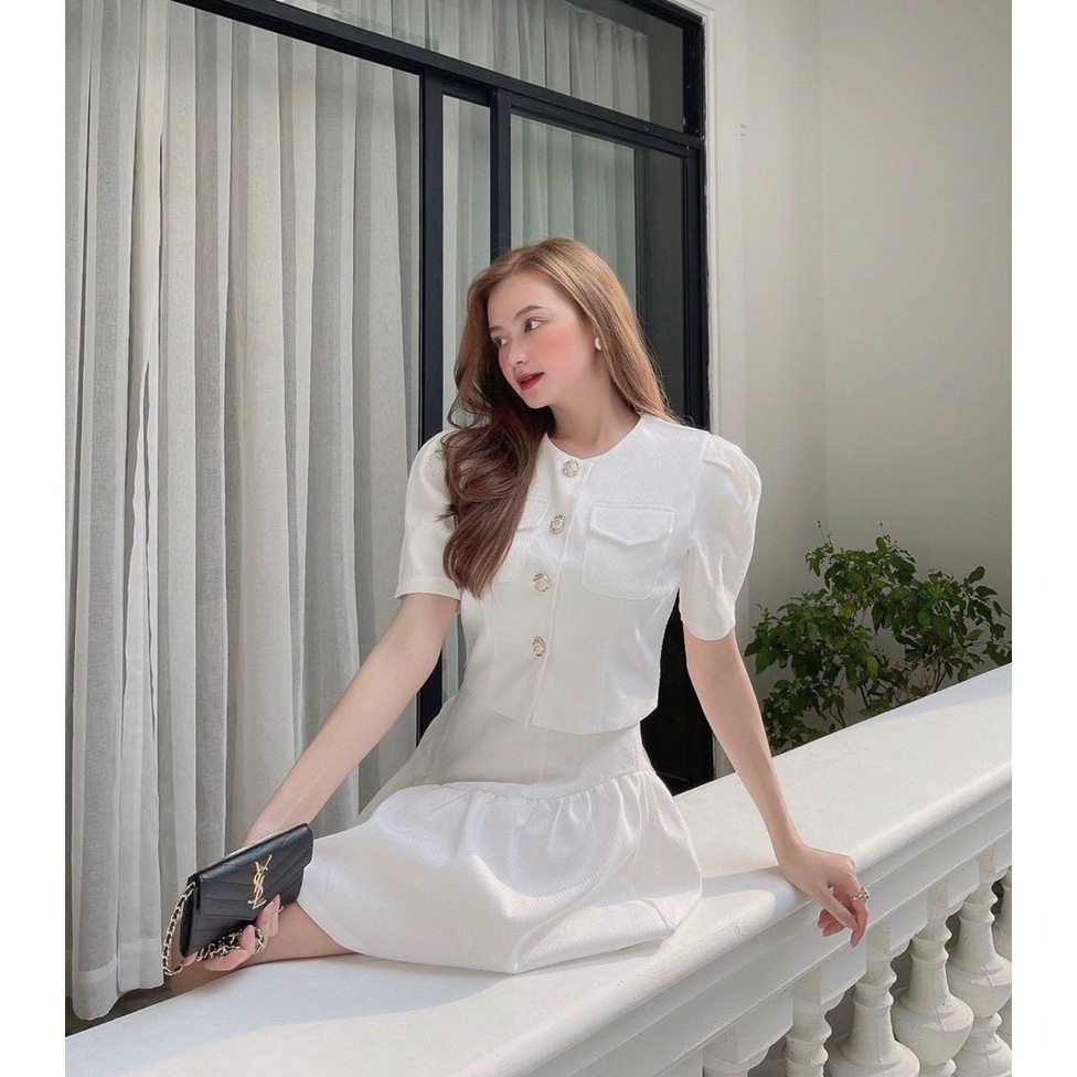 (HÀNG ĐẸP + ẢNH THẬT) Set 2 sản phẩm Áo khoác + Váy xòe xương cá DORY&amp;PONY - LS008 (màu Kem)