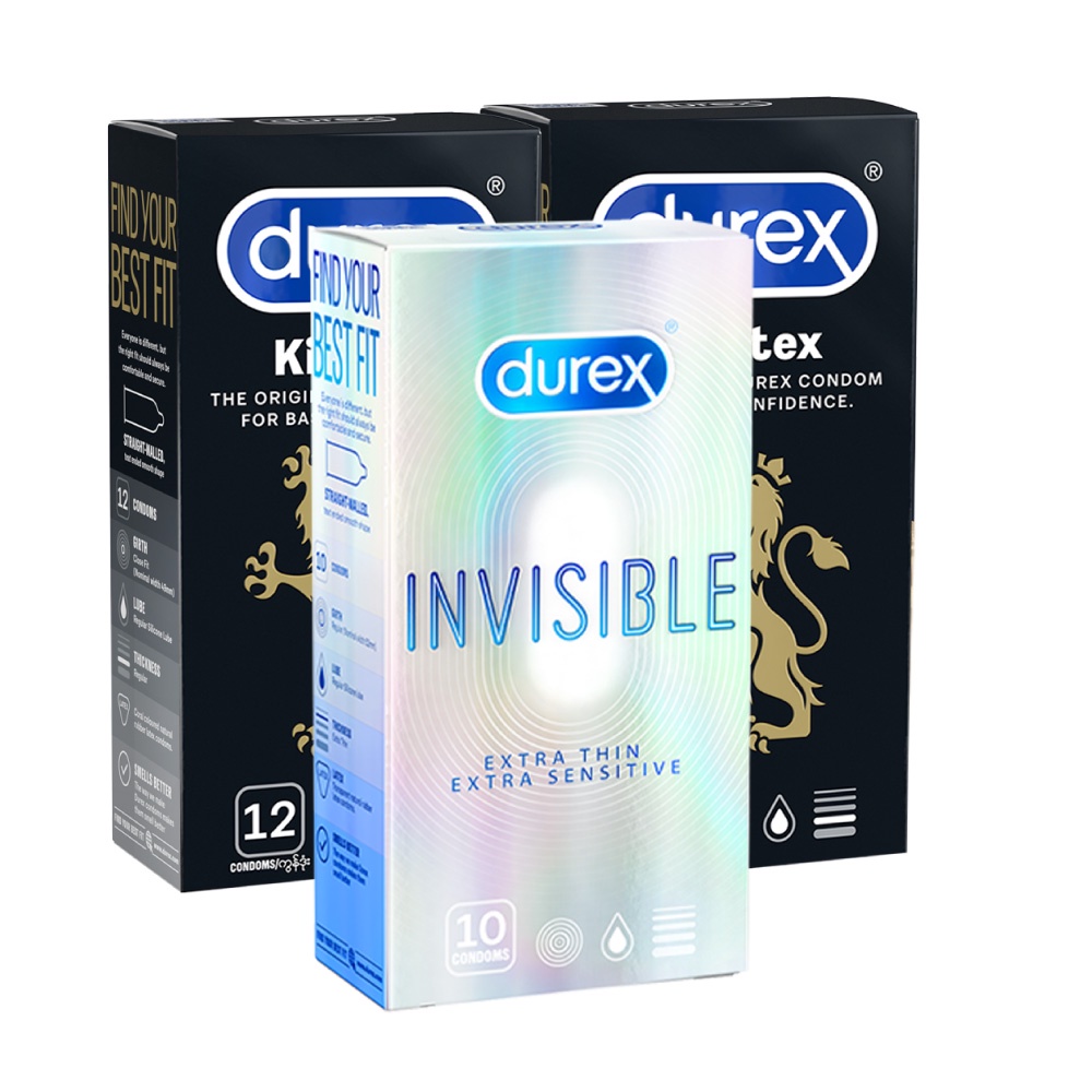 Bộ 2 hộp bao cao su Durex Kingtex ôm sát size 49mm và 1 hộp bao cao su Durex Invisible siêu mỏng size 52mm (10 bao/hộp)