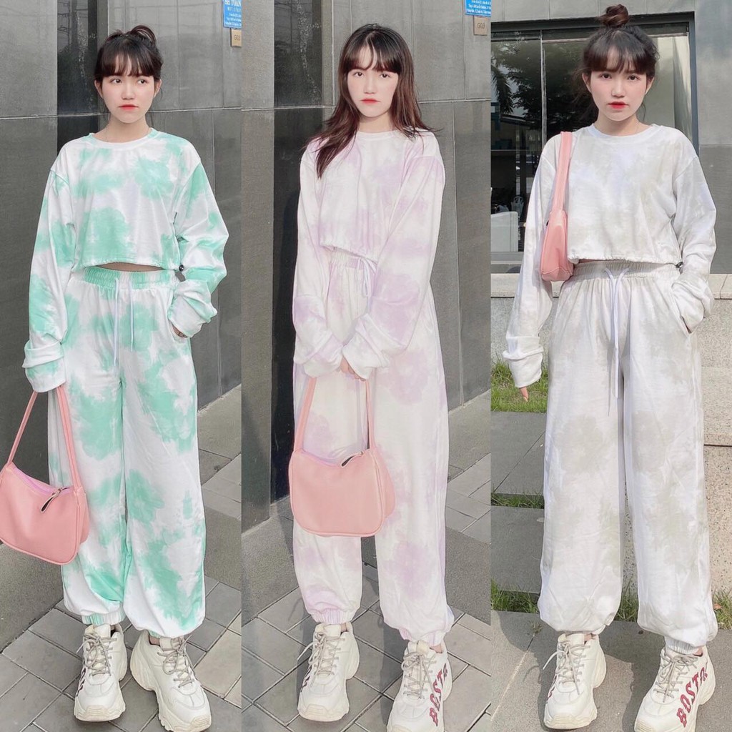 Set Bộ Áo Croptop Dây Rút Loang Màu Tay Dài Phối Quần Jogger 3D Ulzzang Dáng Rộng - MM