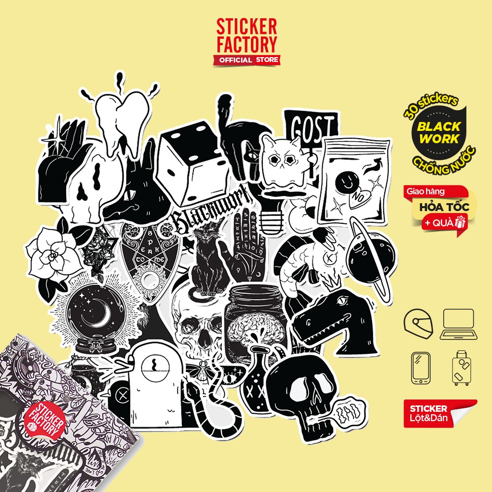 Hộp set 30 sticker decal hình dán nón bảo hiểm , laptop, xe máy, ô tô STICKER FACTORY - Blackwork