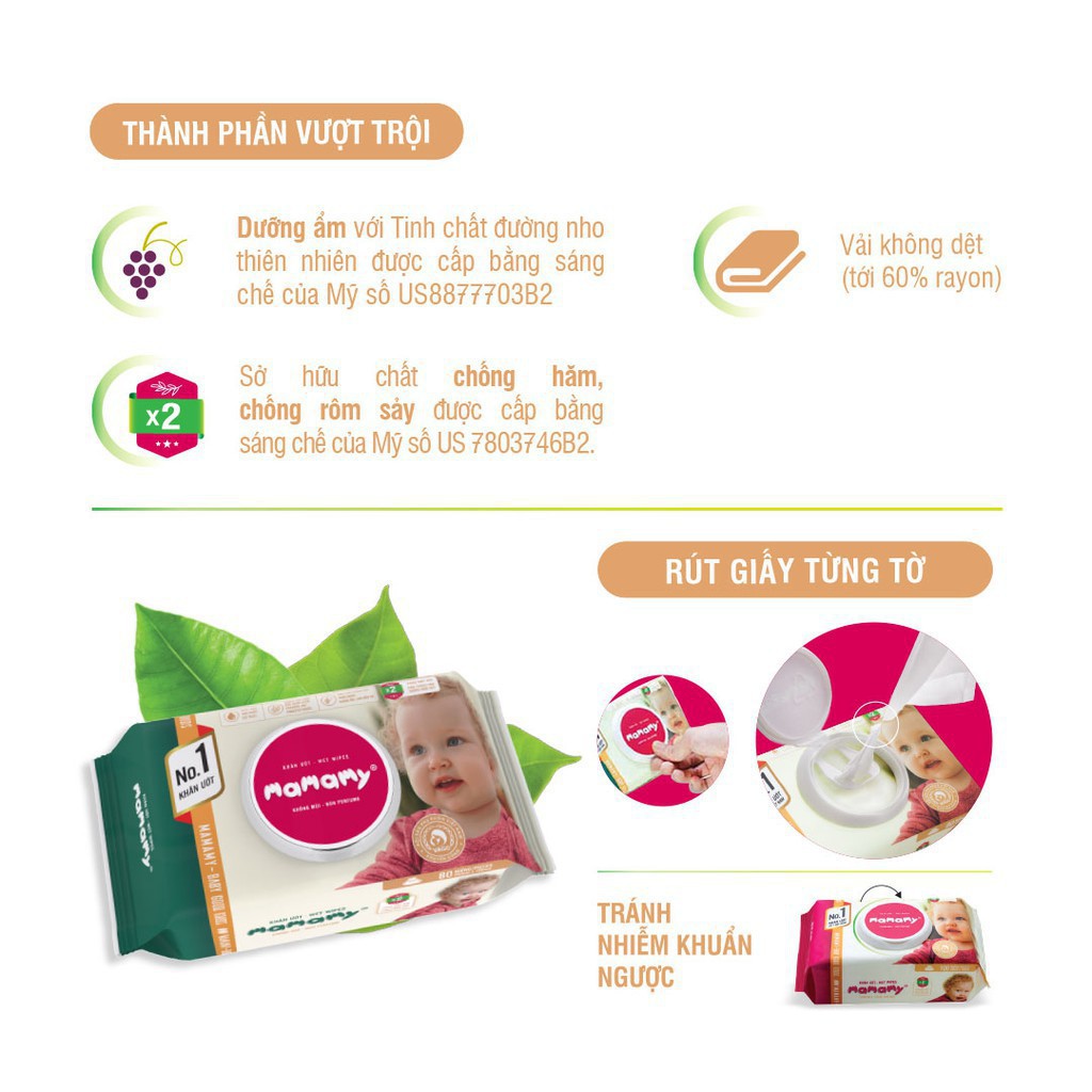 Combo 5 gói khăn ướt Mamamy 80 tờ nắp, có mùi, không mùi 100% an toàn, không kích ứng. - FLASH SALE 99K