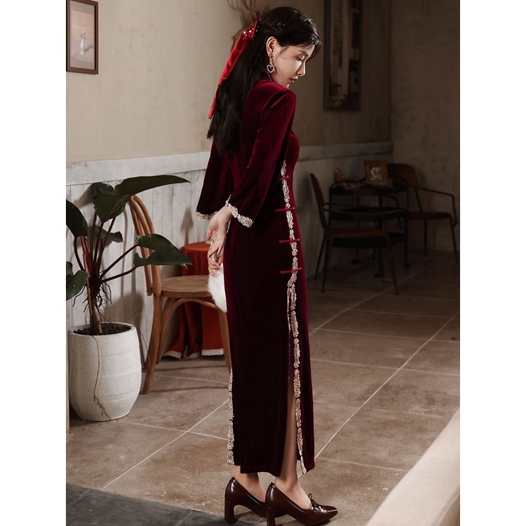 Đầm Sườn Xám Cách Tân Vải Nhung Phong Cách Trung Hoa Thời Trang Mùa Thu Mới 2022