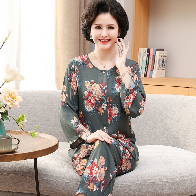 ✺▣Bộ đồ ngủ cotton lụa của phụ nữ mùa xuân và mùa thu dài tay phù hợp với mùa hè cotton lụa cho người trung niên và cao