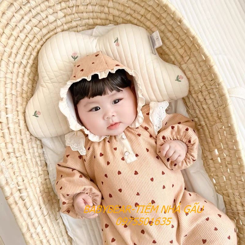 Body len Hàn kèm mũ tiểu thư tay cánh tiên họa tiết trái tim cho bé gái