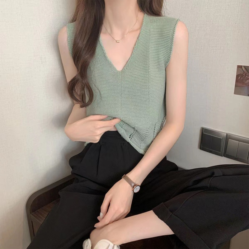 Brroa Áo Dệt Kim Sát Nách Cổ Chữ V Màu Trơn Gợi Cảm Mùa Hè Viền Lượn Sóng Cho Nữ Casu