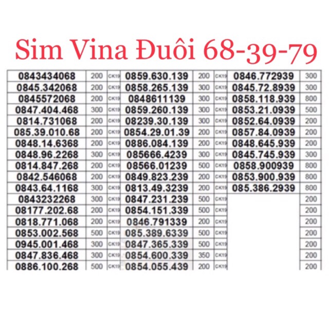 Sim Vina trả trước đuôi 68-39-79