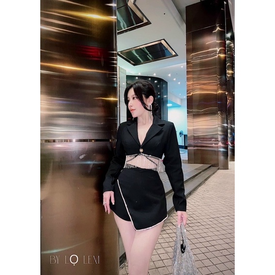 Set áo vest croptop tay dài phối tua rua + chân váy đắp chéo viền cườm Đen trắng hồng xanh bơ Váy đi dự tiệc hotgirl