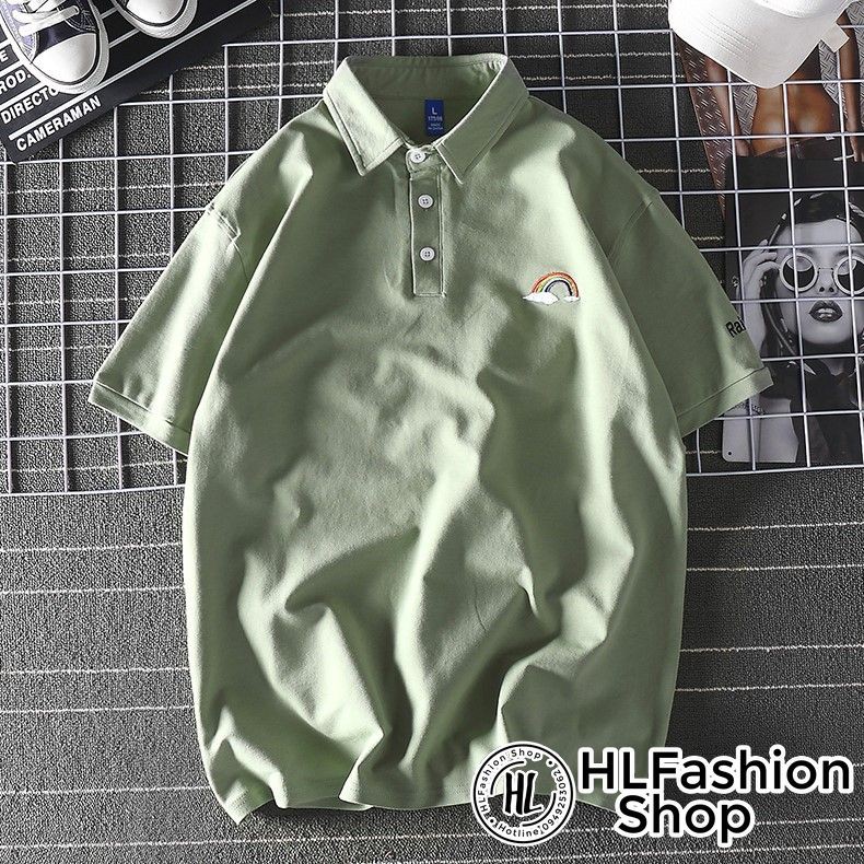 Áo polo thun cổ trụ thêu hình thêu cầu vồng cực đẹp, áo thun size có cổ HLFashion