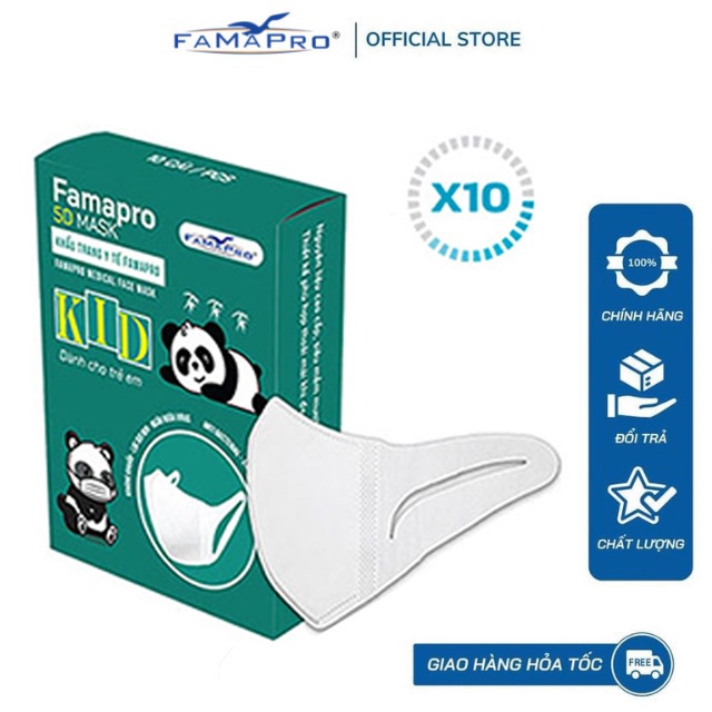 [Combo 10 Hộp] khẩu trang y tế trẻ em kháng khuẩn 3 lớp Famapro 5D Mask Kids quai vải 10 cái/hộp (dưới 25kg)