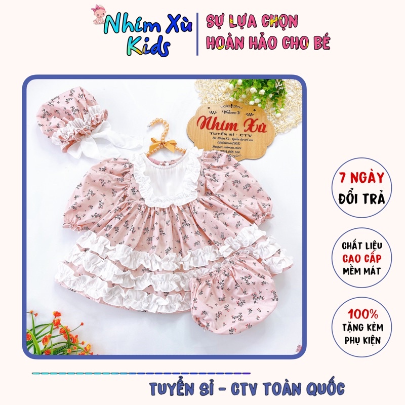 Váy bé gái tay dài bèo hoa hồng 3 chi tiết từ 3 đến 15kg [A176]