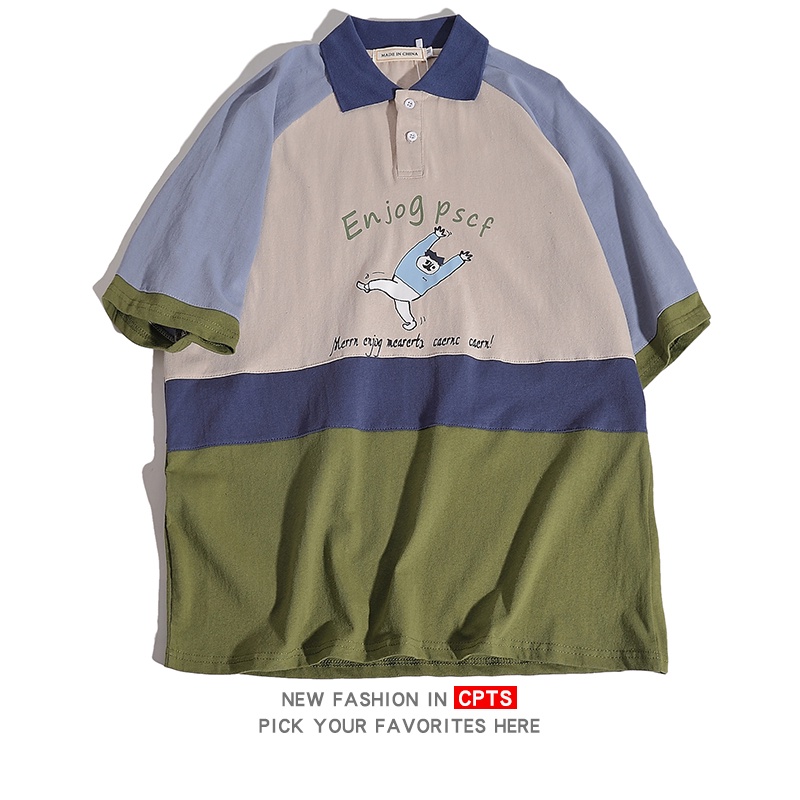 Áo polo Họa Tiết Hoạt Hình Màu Tương Phản Phong Cách Nhật Bản