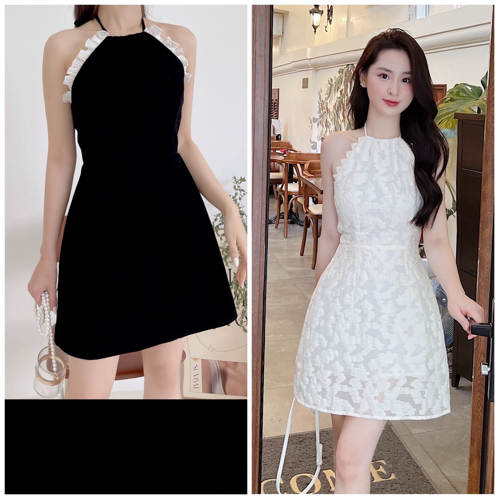 Đầm cổ yếm HEYBEE chất liệu nhung - tơ thêu cổ phối bèo siêu xinh (3 màu) - GEMMA DRESS HT717.