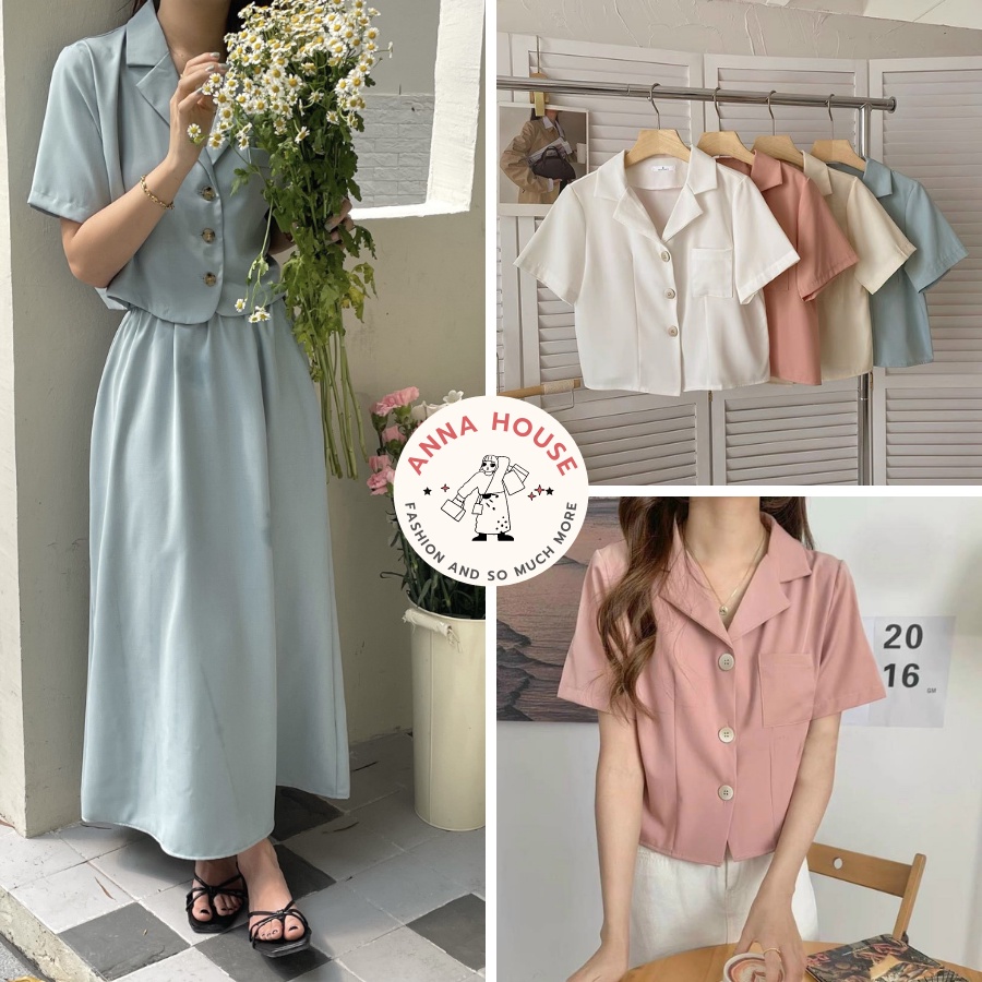 Áo sơ mi nữ cổ vest cộc tay dáng ngắn croptop thiết kế túi ngực, Áo sơ mi nữ tay ngắn dáng croptop cổ vest Hàn Quốc
