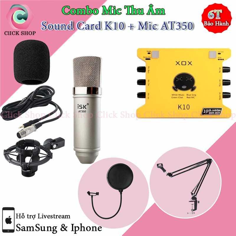 Combo mic thu âm AT350 với sound card k10 đời 2020 kèm chân đế và màng lọc chuyển livestream và karaoke dễ dùng tiện