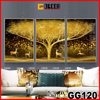 Tranh treo tường canvas khung gỗ 3 bức hiện đại, tranh lá decor trang trí phòng khách phòng ngủ 120