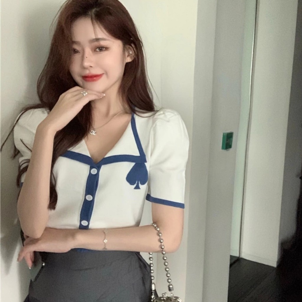 CHIKITO | Áo Len Cardigan Ngắn Tay Có Cổ - Áo Croptop Trái Tim Quảng Châu 2 Màu Kiểu Dáng Ulzzang