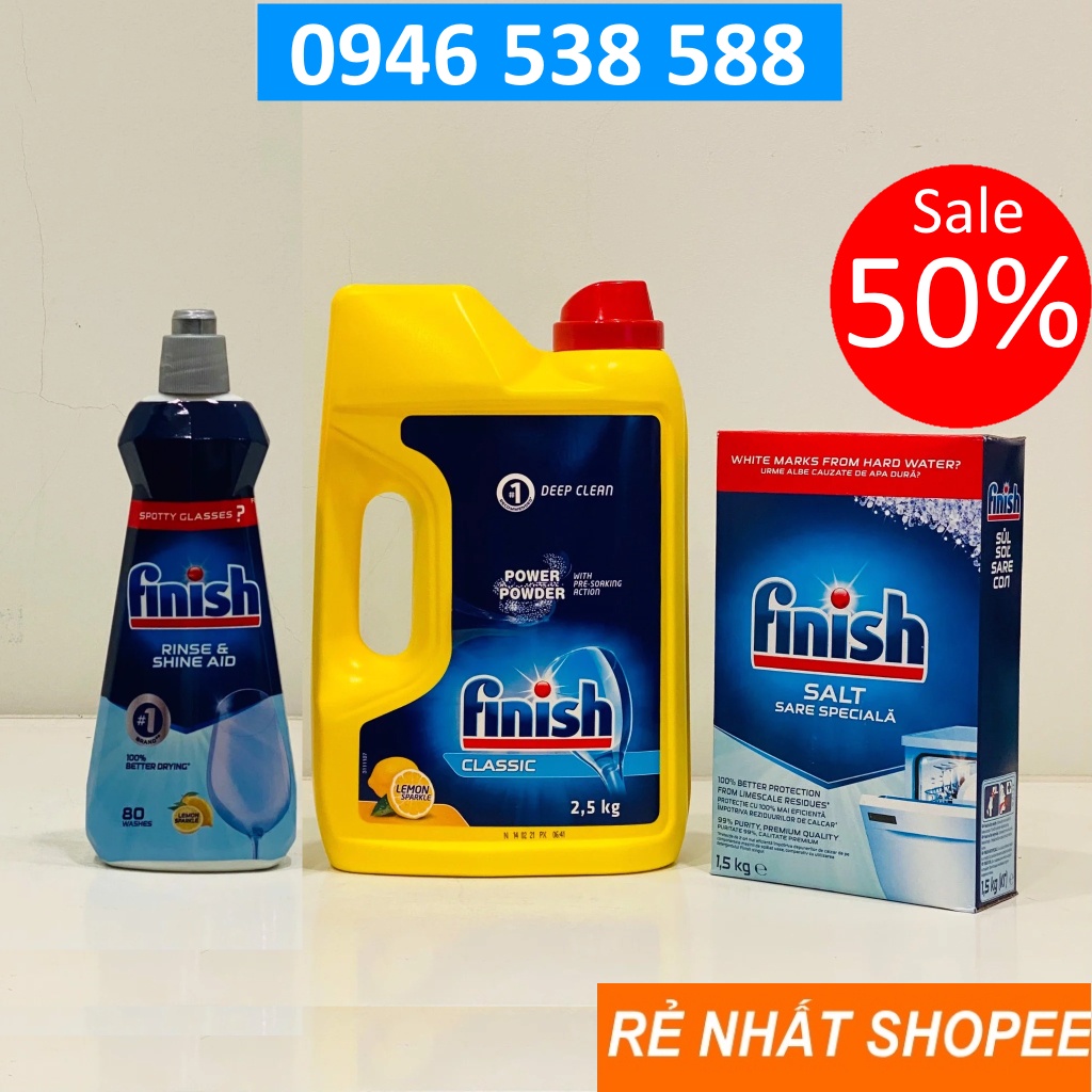 Bột rửa bát Finish 2.5kg + Muối rửa bát Finish 1.5kg + Nước làm bóng finish 400ml ( Combo Bột rửa chén finish bột ly)