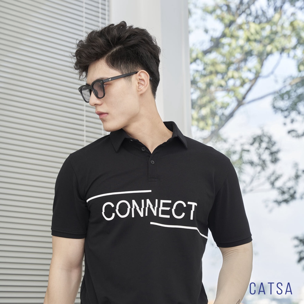 Áo thun polo nam đen in CONNECT vải thun Cotton thoáng mát, kháng khuẩn CATSA ATP257