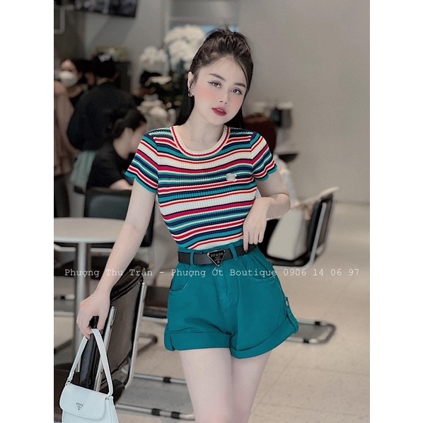 Áo len nữ kẻ sọc ngang xanh cổ tròn thêu chữ x